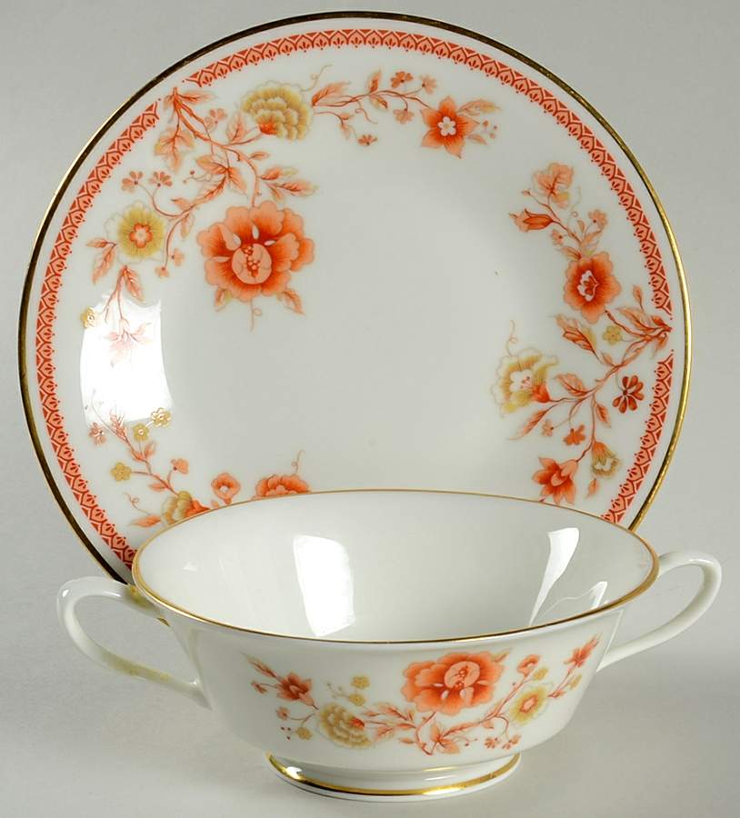 Lotus Garden Footed Cream Soup Bowl & Saucer Set by Oxford (Div of Lenox)-1