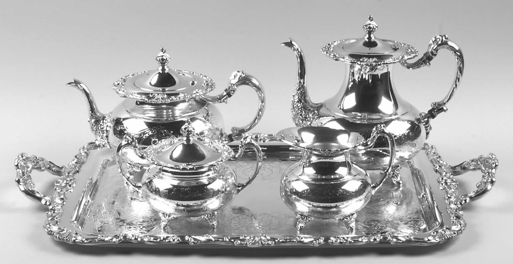 Ascot (Silverplate, Hollowware) 5-Piece Silverplate Tea Set (with Tray) by Oneida Silver-1