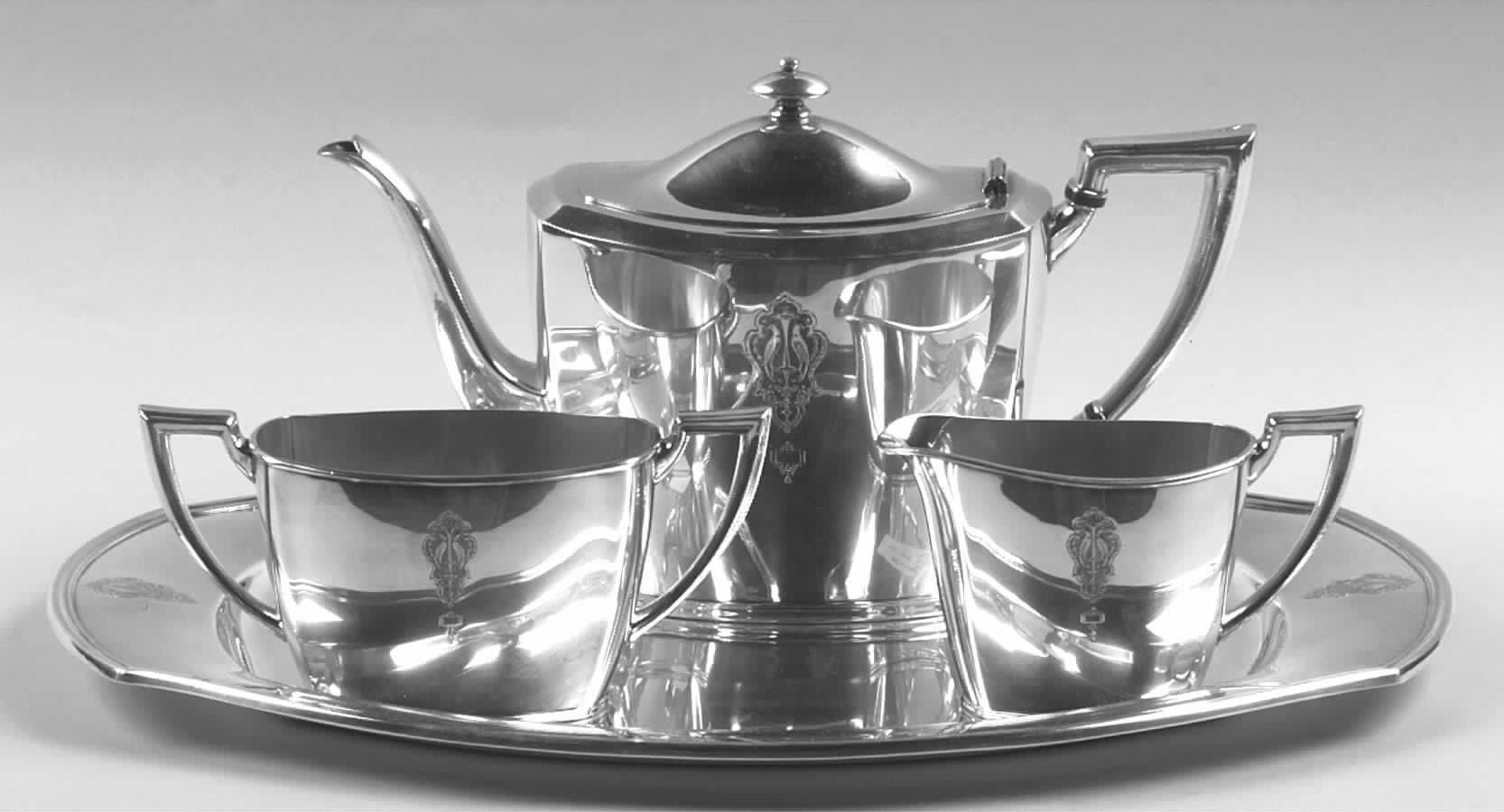 Bird of Paradise (Silverplate, 1923, Hollowware) 4 Piece Tea Set (with Tray) by Oneida Silver-1