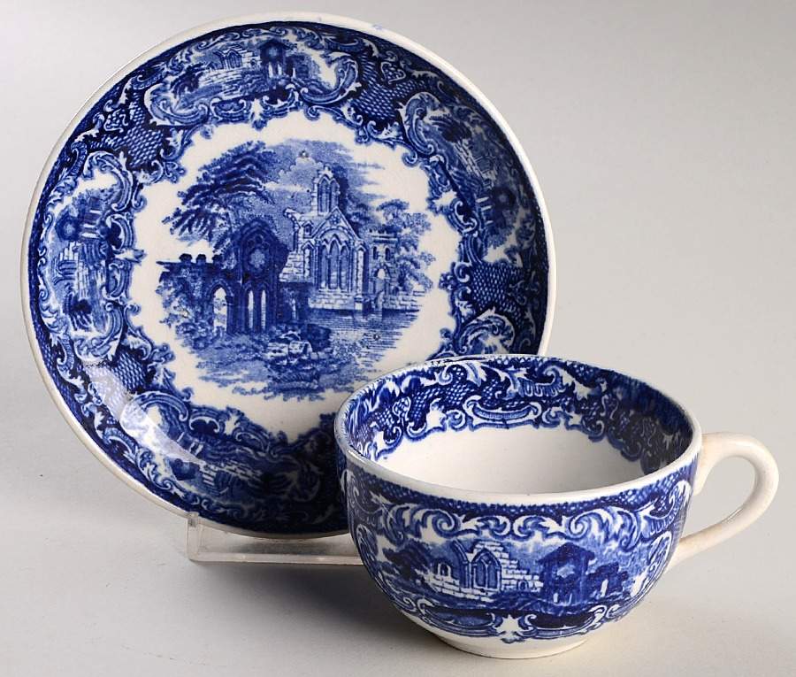 Abbey Blue Flat Cup & Saucer Set by Petrus Regout & Co-1