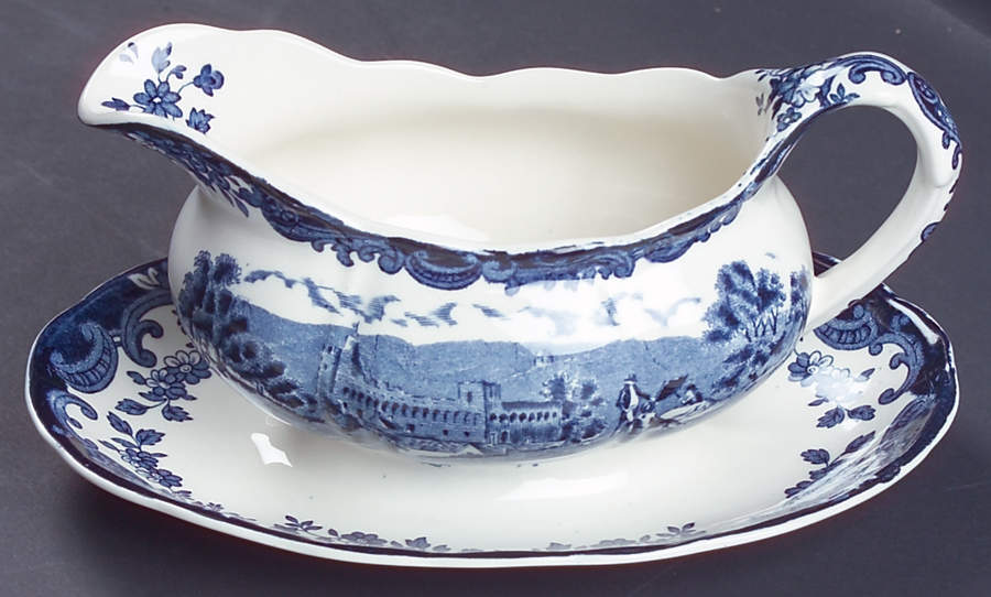 Avon Scenes Blue Gravy Boat with Attached Underplate by Palissy-1