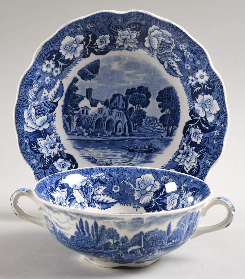 Thames River Scenes Blue Flat Cream Soup Bowl & Saucer Set by Palissy-1