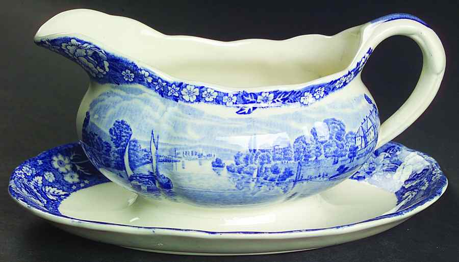 Thames River Scenes Blue Gravy Boat with Attached Underplate by Palissy-1