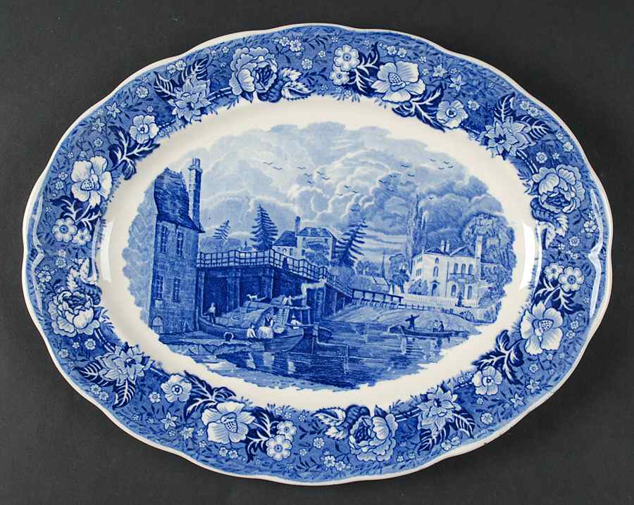 Thames River Scenes Blue 12" Oval Serving Platter by Palissy-1