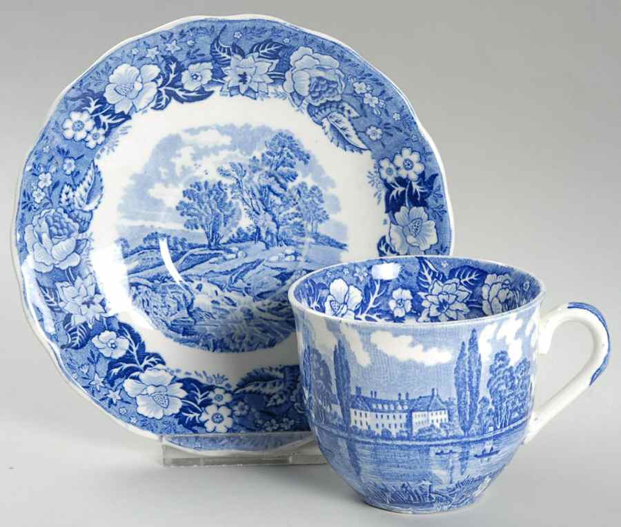 Thames River Scenes Blue Flat Cup & Saucer Set by Palissy-1
