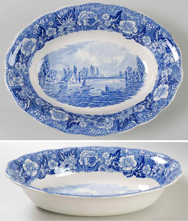 Thames River Scenes Blue 9" Oval Vegetable Bowl by Palissy-1