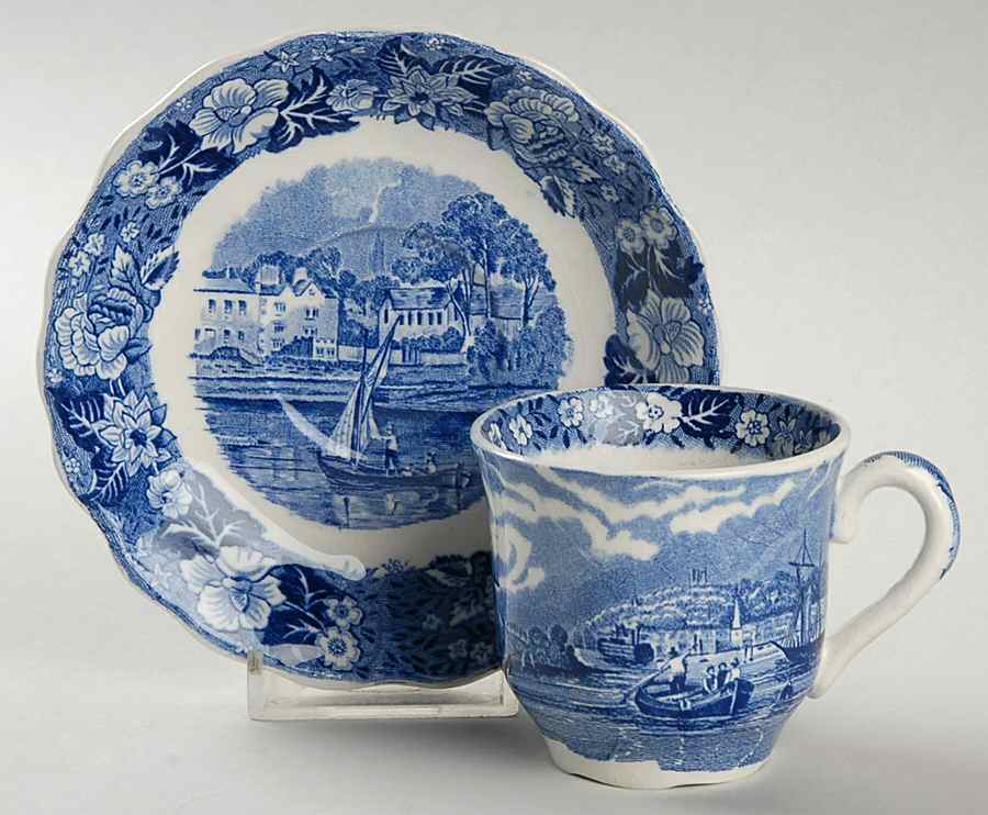 Thames River Scenes Blue Flat Demitasse Cup & Saucer Set by Palissy-1