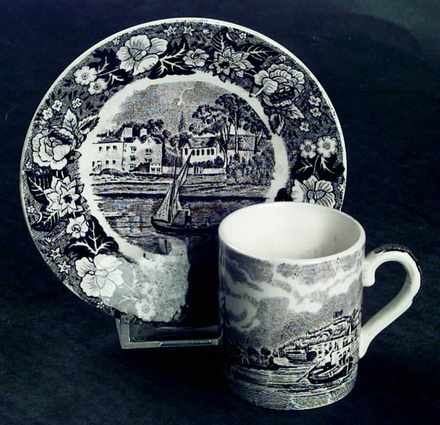 Thames River Scenes Black Flat Demitasse Cup & Saucer Set by Palissy-1