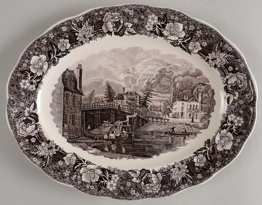 Thames River Scenes Black 12" Oval Serving Platter by Palissy-1