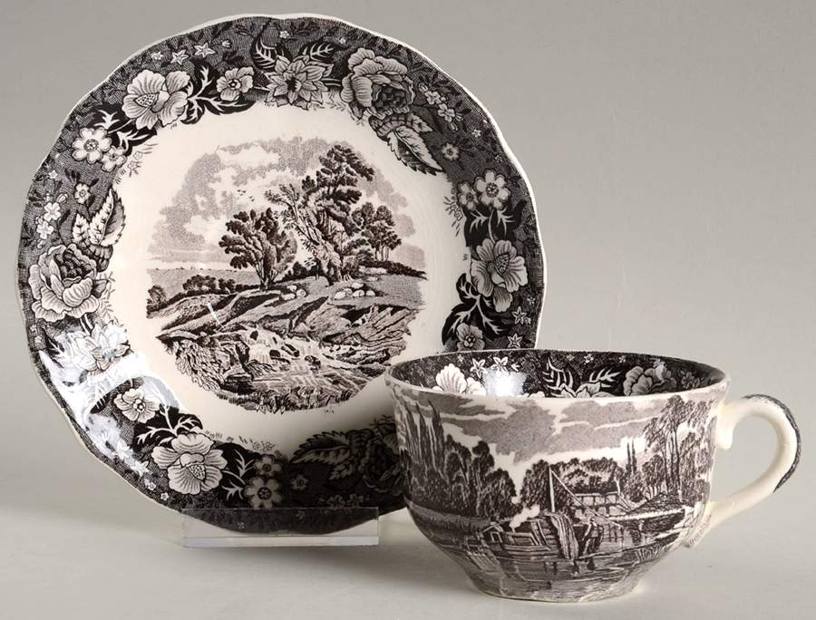 Thames River Scenes Black Footed Cup & Saucer Set by Palissy-1