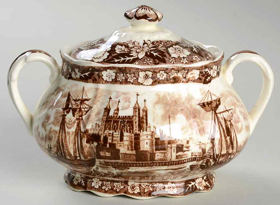 Thames River Scenes Brown Sugar Bowl & Lid by Palissy-1