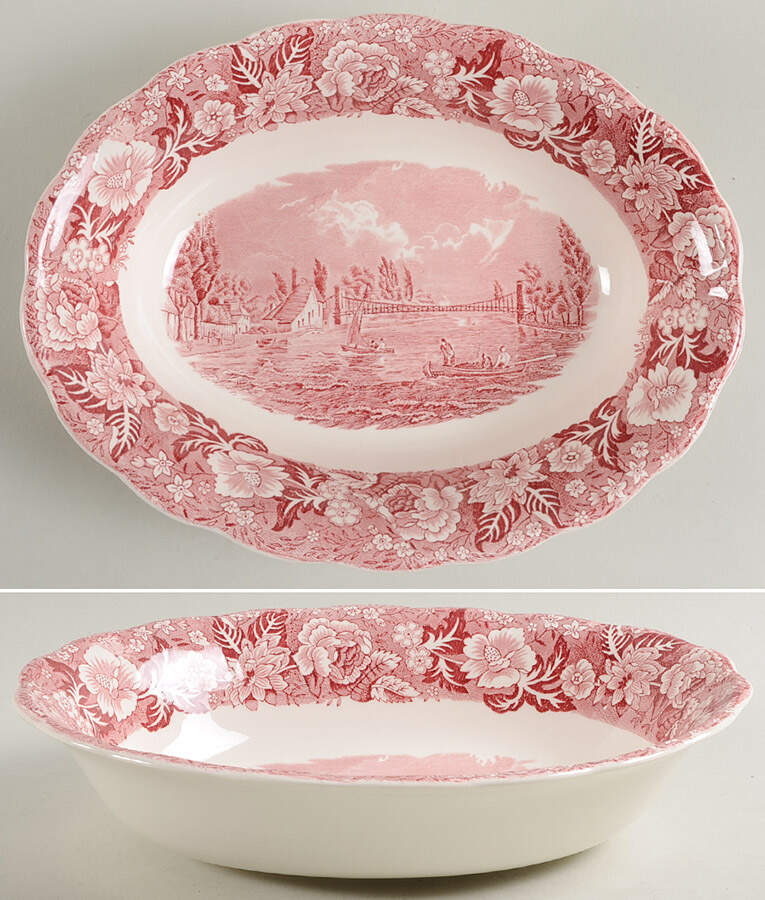 Thames River Scenes Pink 9" Oval Vegetable Bowl by Palissy-1