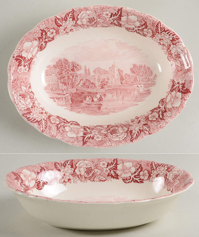 Thames River Scenes Pink 8" Oval Vegetable Bowl by Palissy-1