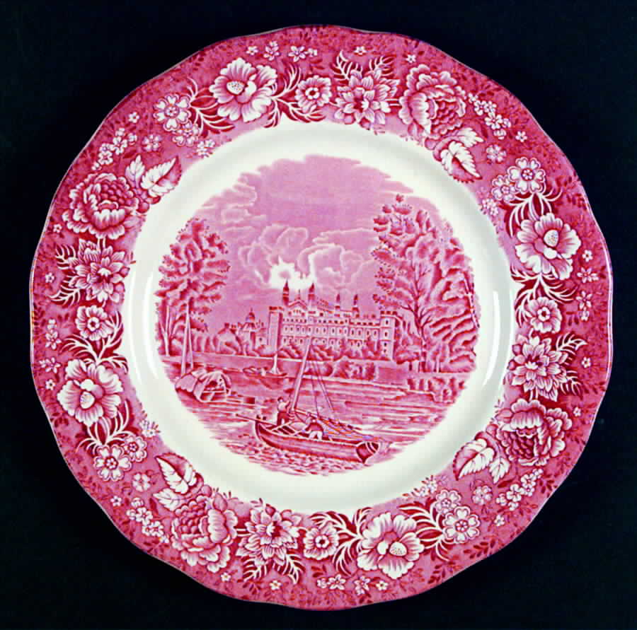 Thames River Scenes Pink Dinner Plate by Palissy-1