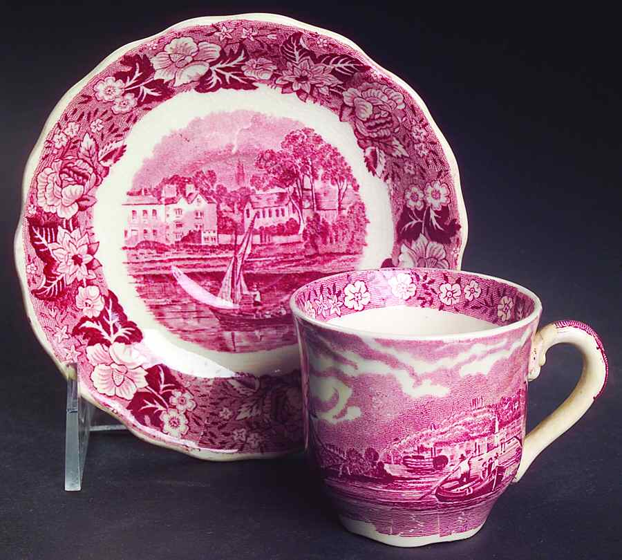 Thames River Scenes Pink Flat Demitasse Cup & Saucer Set by Palissy-1