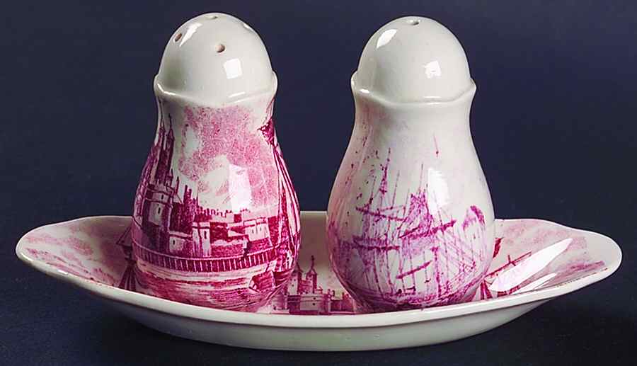 Thames River Scenes Pink (3 Pc) Salt & Pepper Tray Set by Palissy-1