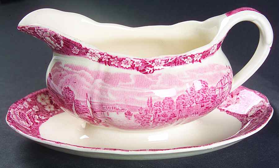 Thames River Scenes Pink Gravy Boat with Attached Underplate by Palissy-1