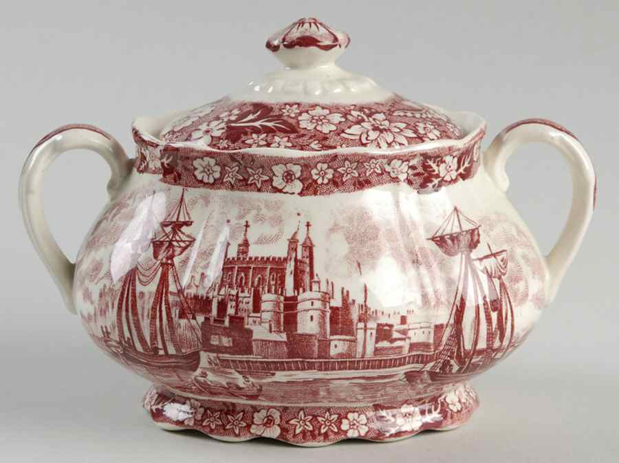 Thames River Scenes Pink Sugar Bowl & Lid by Palissy-1