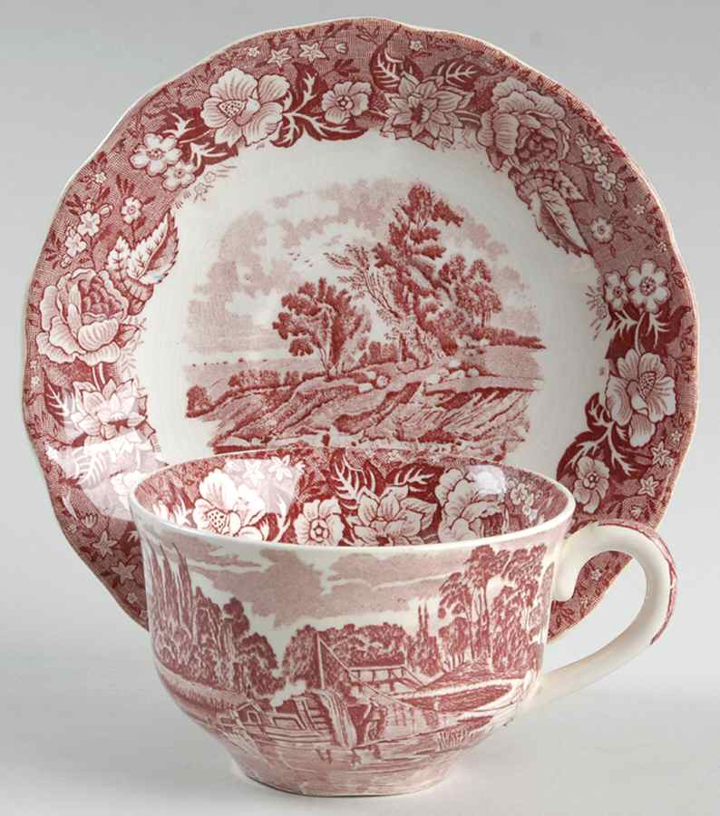 Thames River Scenes Pink Flat Cup & Saucer Set by Palissy-1