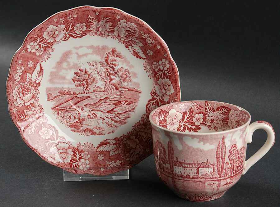 Thames River Scenes Pink Flat Cup & Saucer Set by Palissy-1