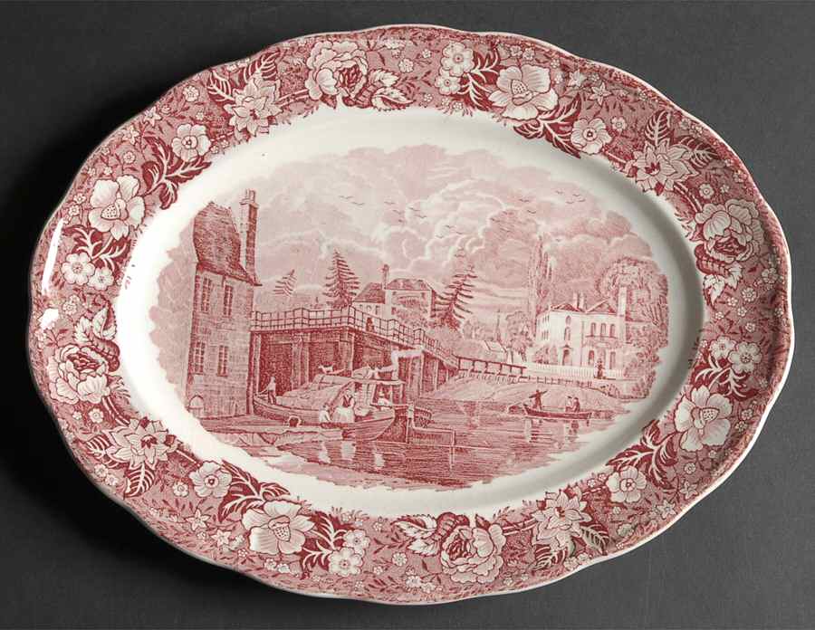 Thames River Scenes Pink 11" Oval Serving Platter by Palissy-1