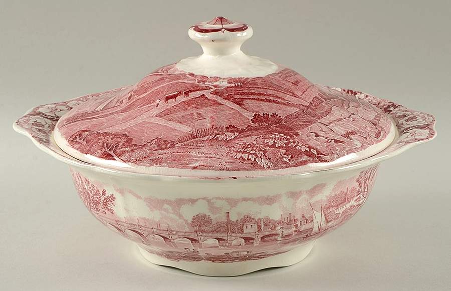 Thames River Scenes Pink Round Covered Vegetable by Palissy-1