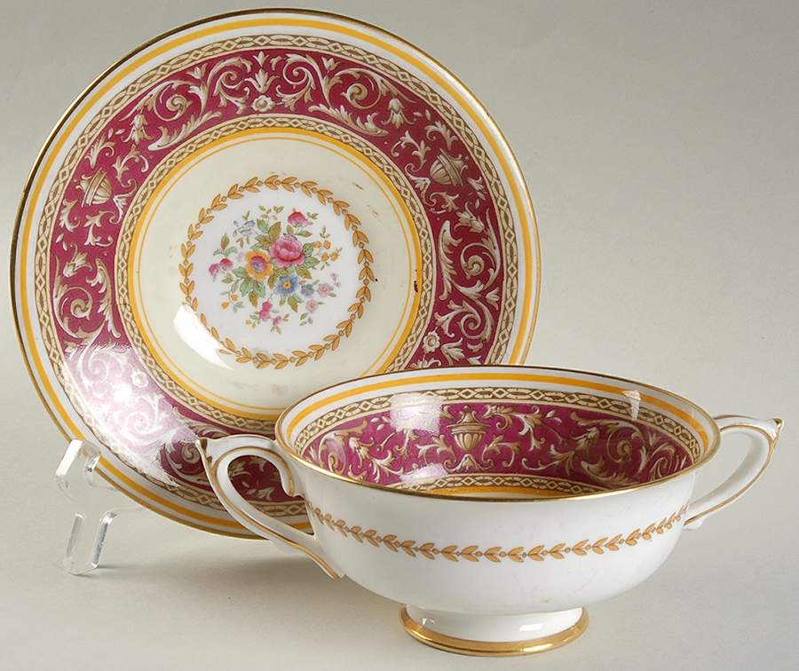 Corinthian Maroon (Gold Trim) Footed Cream Soup Bowl & Saucer Set by Paragon-1