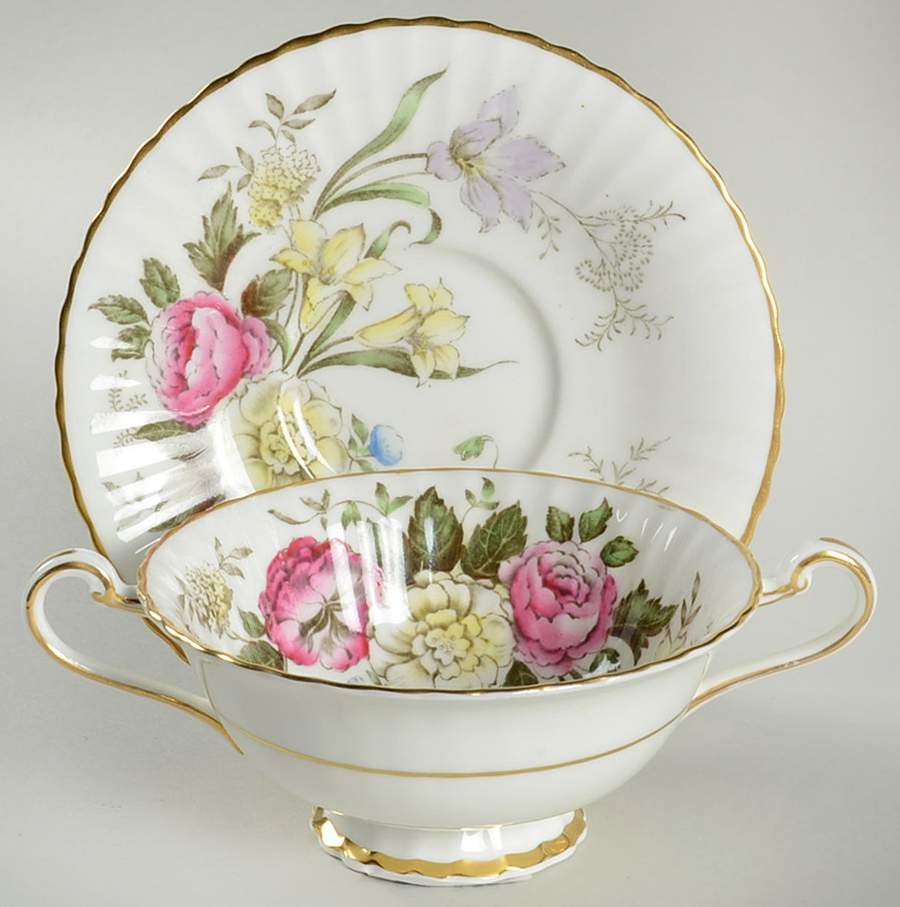 Dubarry (Fluted, Flowers on Side) Footed Cream Soup Bowl & Saucer Set by Paragon-1
