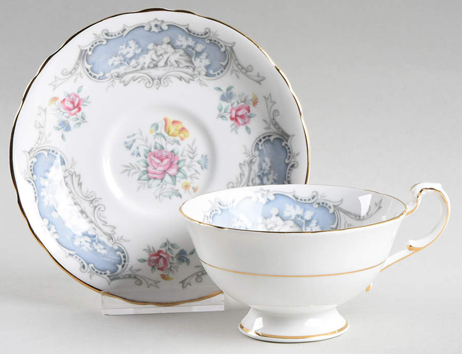 Dubarry (Scalloped, Blue Panels, Pink Roses) Footed Cup & Saucer Set by Paragon-1