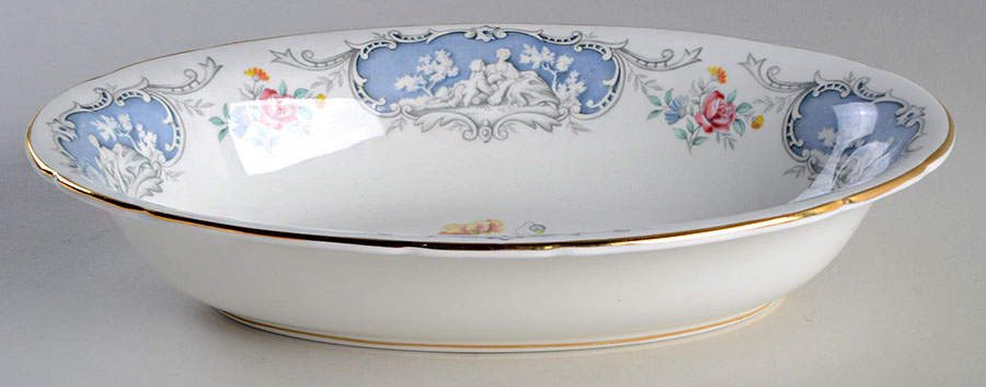 Dubarry (Scalloped, Blue Panels, Pink Roses) 10" Oval Vegetable Bowl by Paragon-1