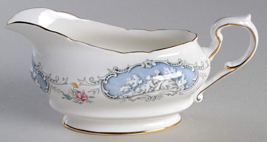 Dubarry (Scalloped, Blue Panels, Pink Roses) Gravy Boat by Paragon-1