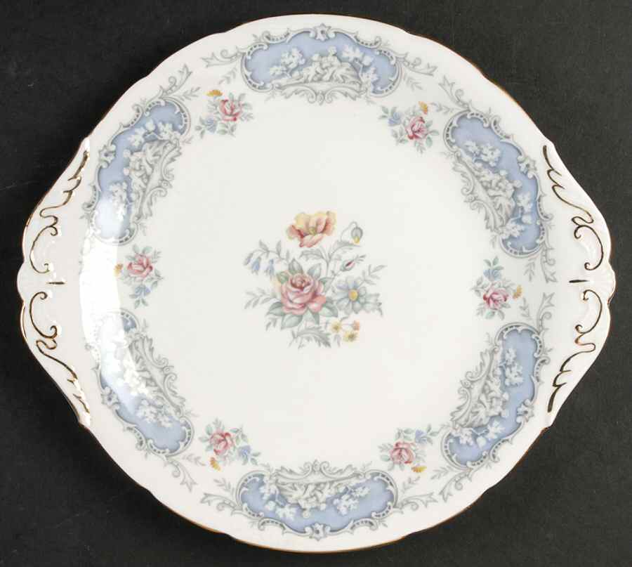 Dubarry (Scalloped, Blue Panels, Pink Roses) Handled Cake Plate by Paragon-1