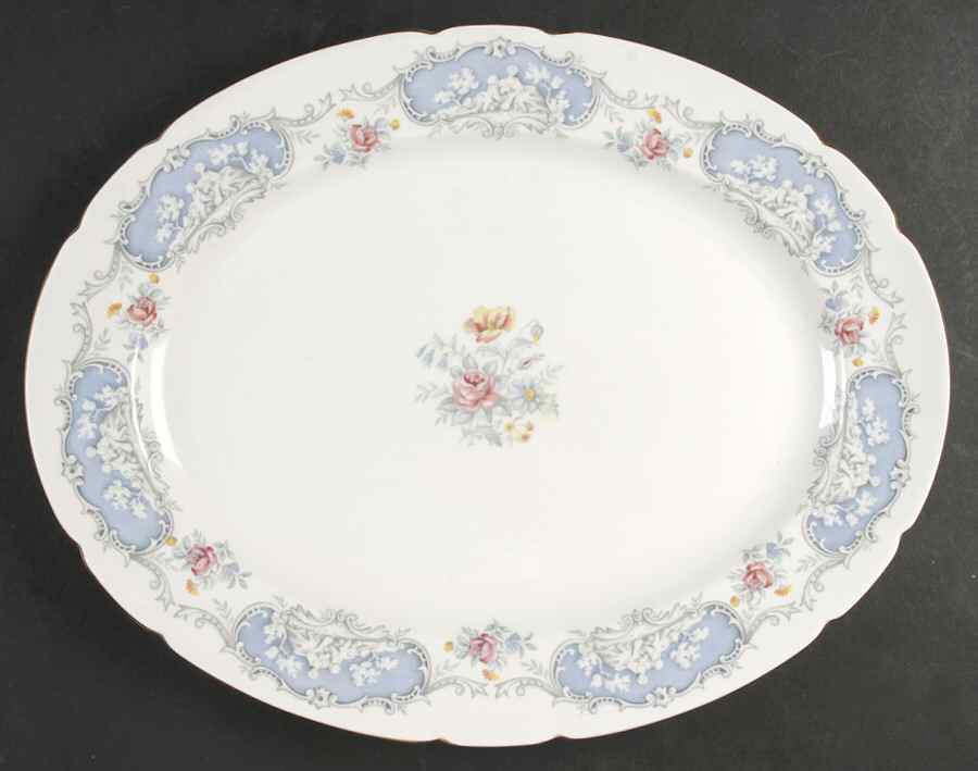 Dubarry (Scalloped, Blue Panels, Pink Roses) 15" Oval Serving Platter by Paragon-1