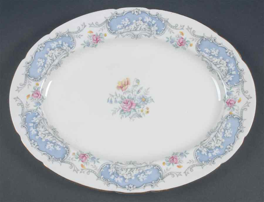 Dubarry (Scalloped, Blue Panels, Pink Roses) 13" Oval Serving Platter by Paragon-1