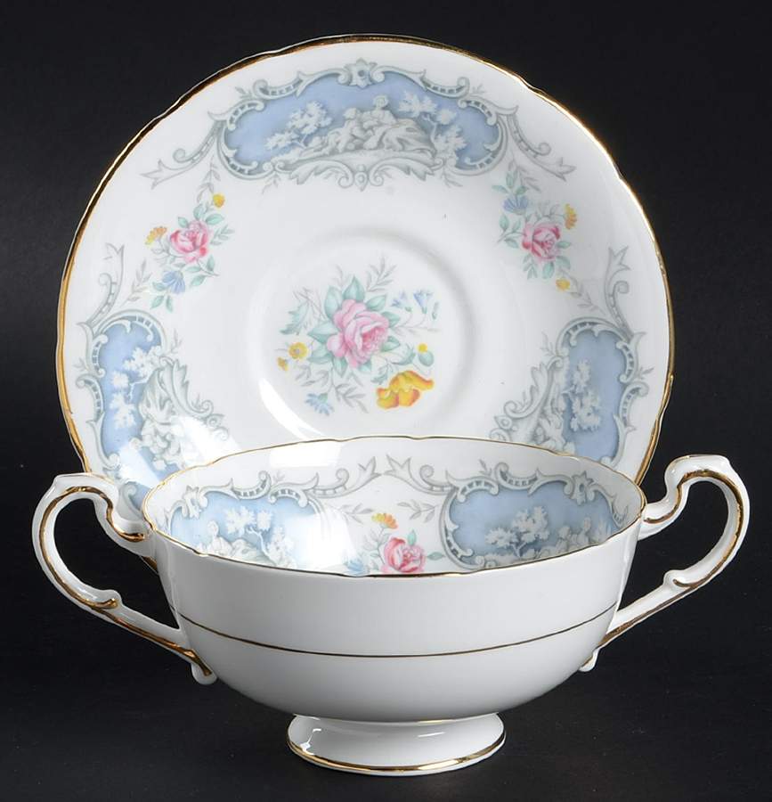Dubarry (Scalloped, Blue Panels, Pink Roses) Footed Cream Soup Bowl & Saucer Set by Paragon-1