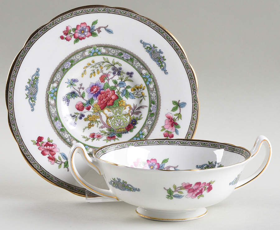 Tree of Kashmir (Gold Trim, Scalloped) Footed Cream Soup Bowl & Saucer Set by Paragon-1