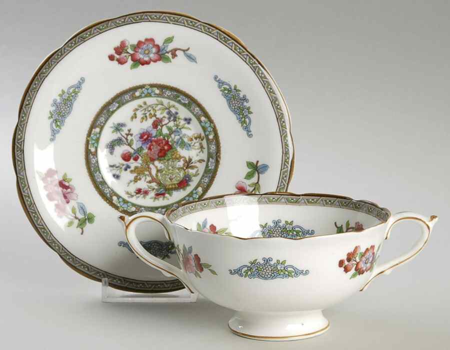 Tree of Kashmir (Mustard Trim, Scalloped) Footed Cream Soup Bowl & Saucer Set by Paragon-1