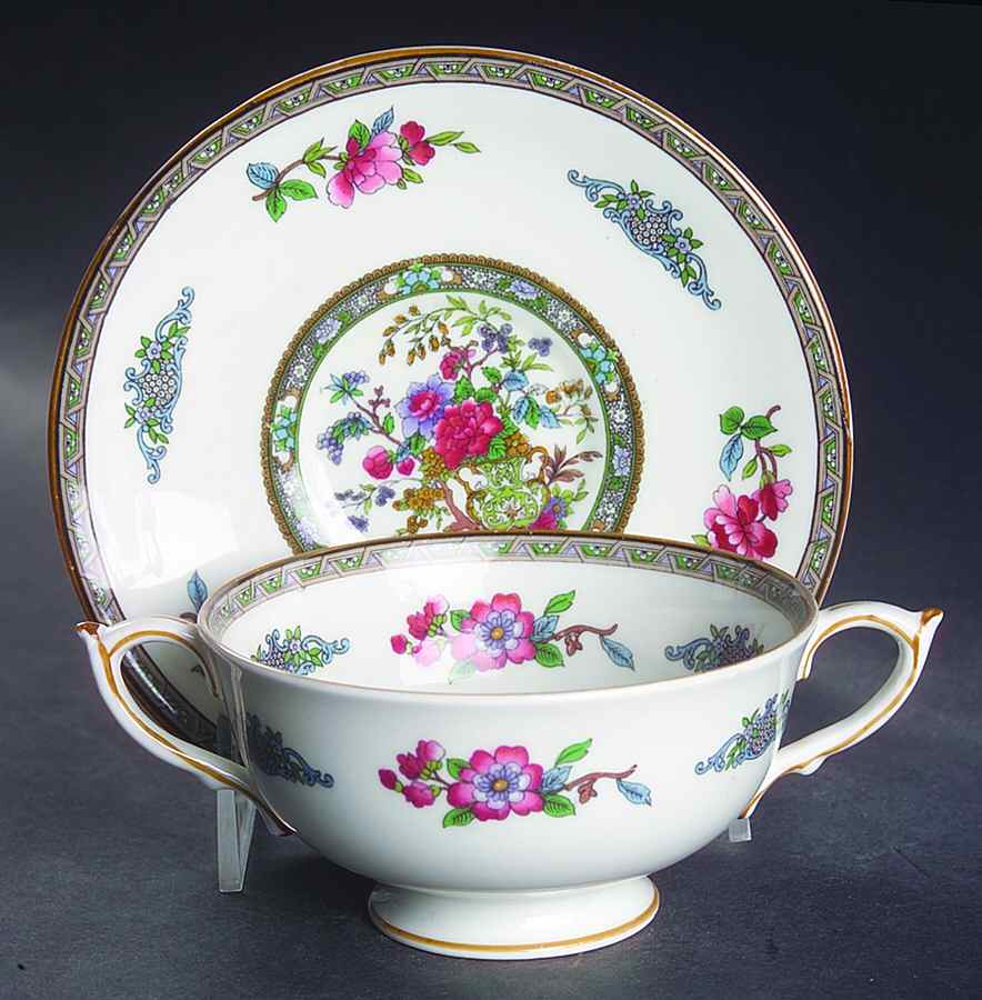 Tree of Kashmir (Mustard Trim, Smooth) Footed Cream Soup Bowl & Saucer Set by Paragon-1