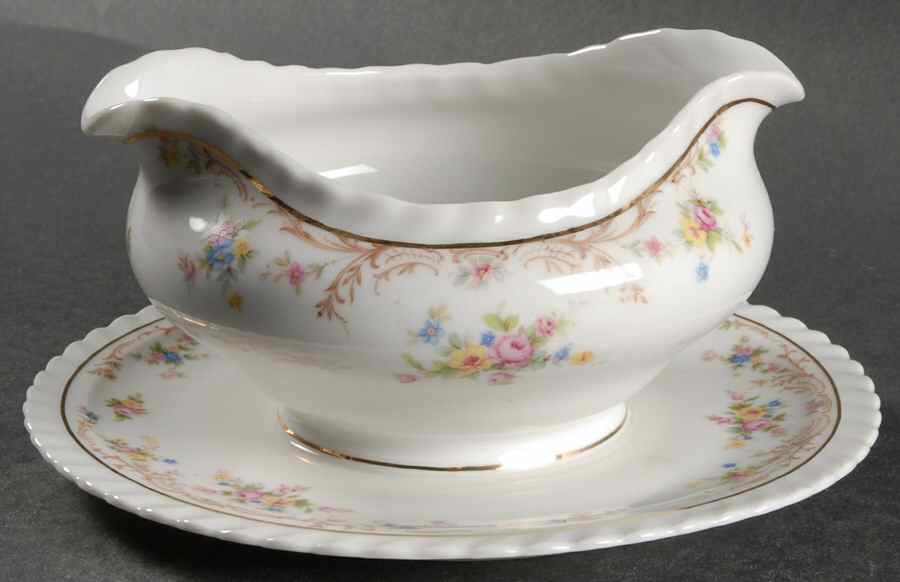 Garden Manor (White Background) Gravy Boat with Attached Underplate by Princess (Bavaria, Czech)-1