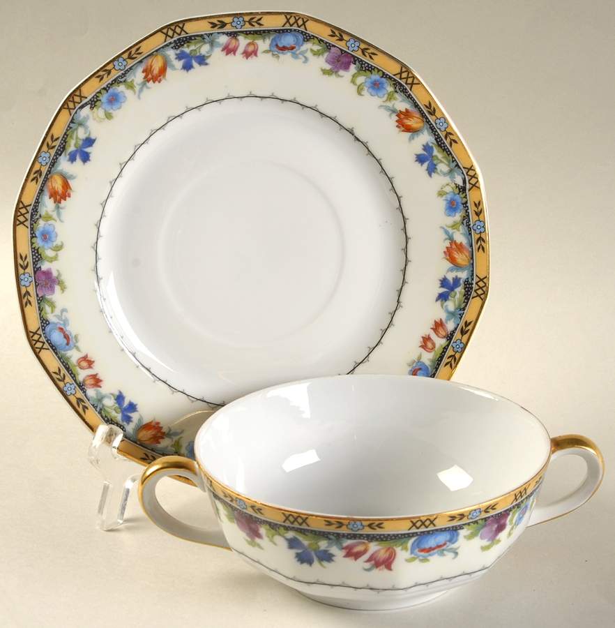 Newport (Cream & White) Flat Cream Soup Bowl & Saucer Set by Princess (Bavaria, Czech)-1