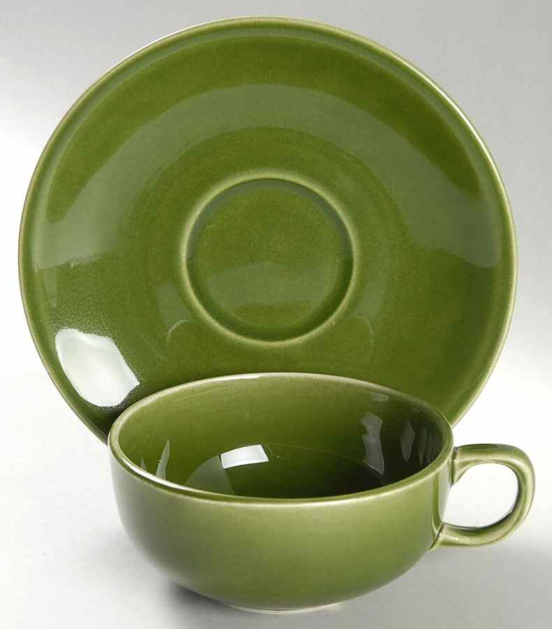 Greenbrier Dell (Dark) Green Flat Cup & Saucer Set by Paden City-1