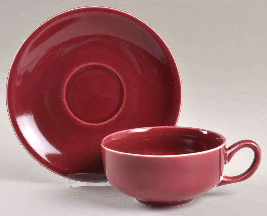 Greenbrier Burgundy Flat Cup & Saucer Set by Paden City-1