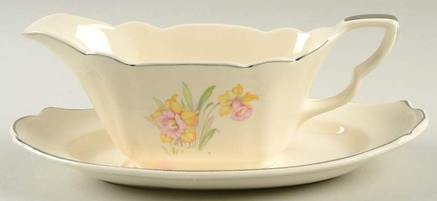 Jonquil (Multisided, Platinum) Gravy Boat & Underplate/Relish by Paden City-1