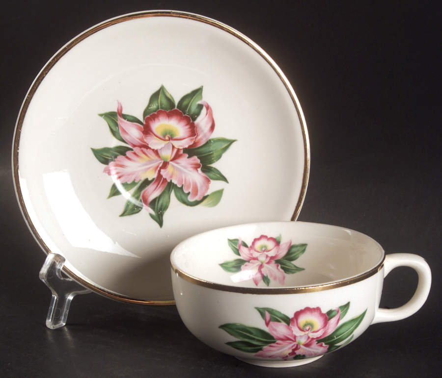 Modern Orchid Flat Cup & Saucer Set by Paden City-1