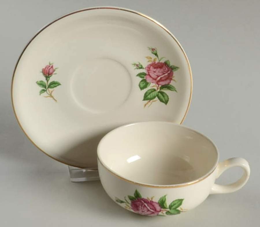 Red Rose Flat Cup & Saucer Set by Paden City-1