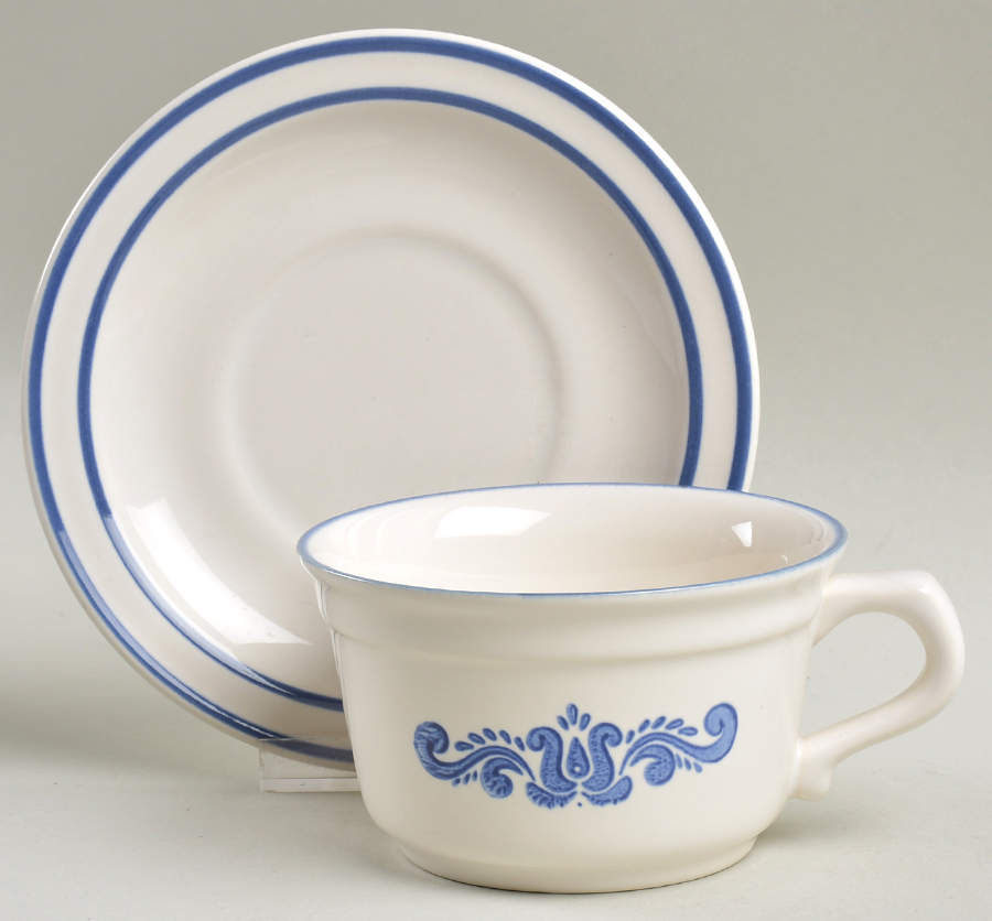 Blue Village Flat Cup & Saucer Set by Pfaltzgraff-1