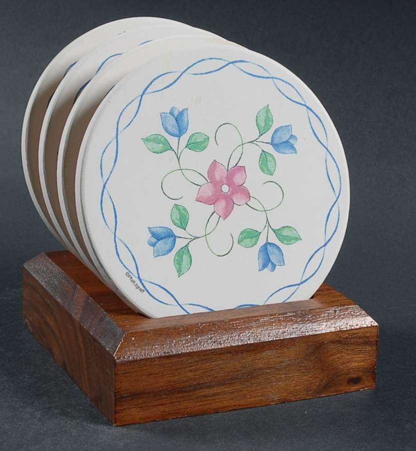 Bonnie Brae Round (Thirsty) Stone Coaster with Holder - Set of 4 by Pfaltzgraff-1