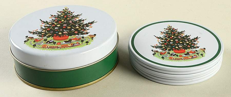 Christmas Heritage Coaster Set - 7 Piece (6 Coasters and Metal Box) by Pfaltzgraff-1