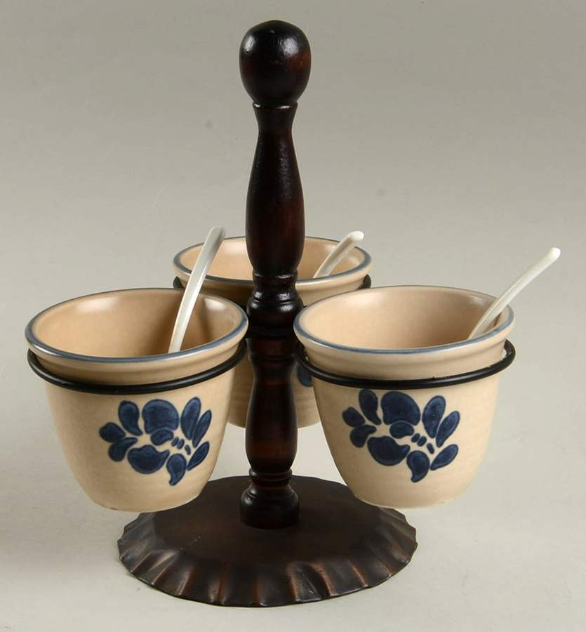 Folk Art 3 Jam/Relish Servers & Wood Stand by Pfaltzgraff-1
