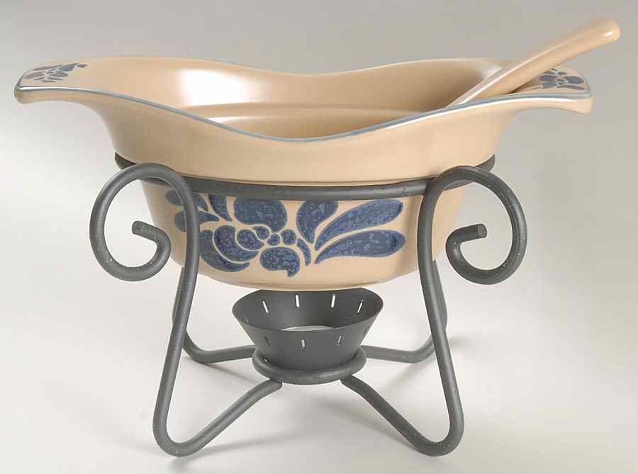 Folk Art Gravy Server & Ladle & Metal Stand by Pfaltzgraff-1